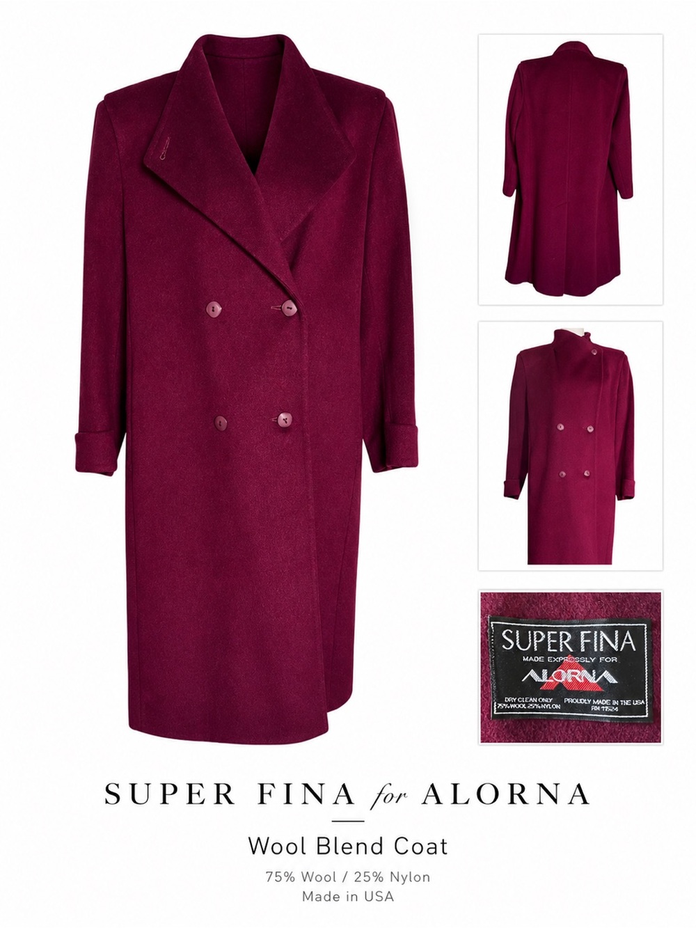 Alorna Burgundy wool blend Trench Coat Double breasted Vintage Timeless Style